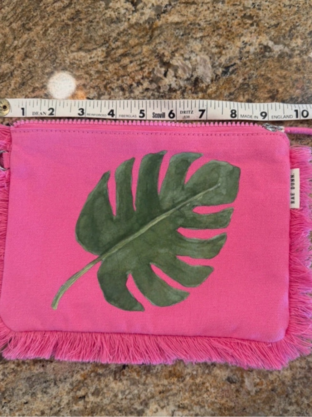 Rae Dunn Hot Pink Canvas Pouch with Green Monstera Leaf